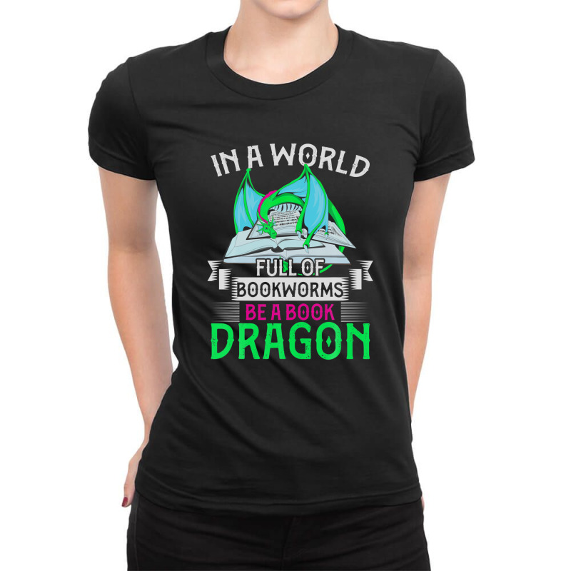 Reading Librarian Bookworm Dragon Funny Book Dragon Ladies Fitted T-Shirt by miliahpullom | Artistshot