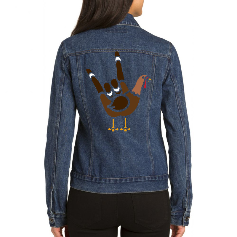 Asl American Sign Language Thankful Turkey Day Holiday Sweatshirt Ladies Denim Jacket by cm-arts | Artistshot