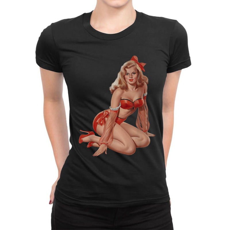 Hot Blonde Pin Up Girl Heels Red Lingerie Retro Pinup Girl Ladies Fitted T-Shirt by ValentinoHoover | Artistshot