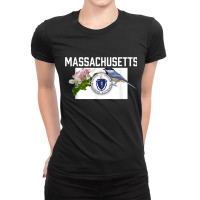 Massachusetts Us State Flag With State Bird & Flower Ladies Fitted T-shirt | Artistshot