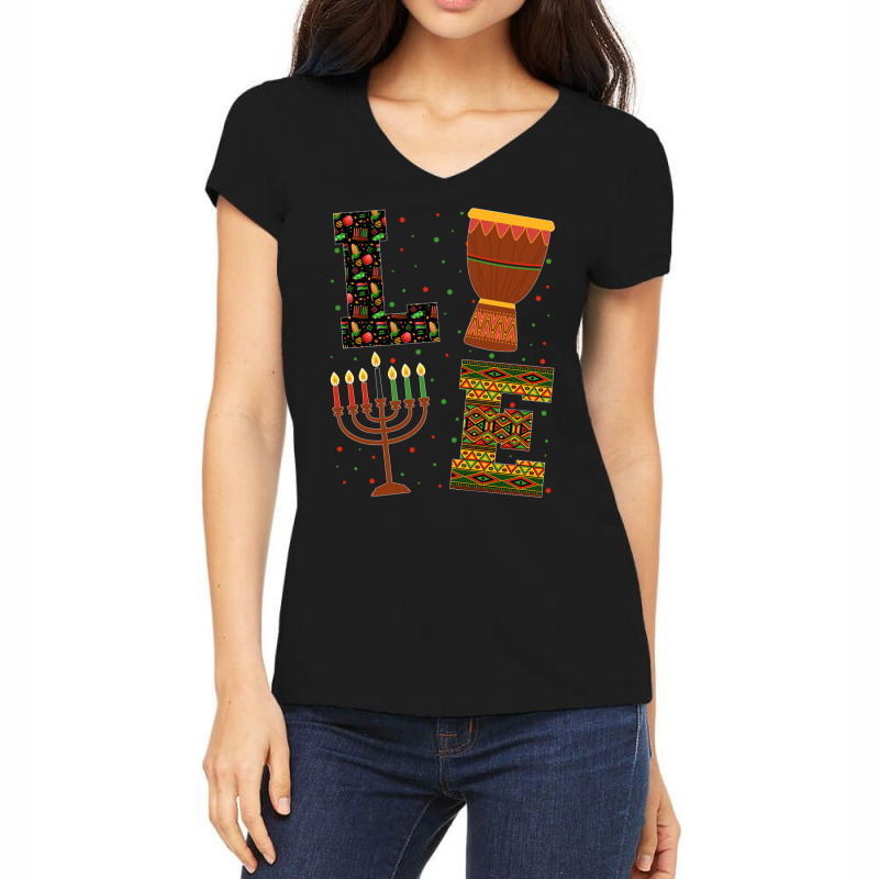 Love Kinara Candles Principles Drum African America Kwanzaa Long Sleev Women's V-Neck T-Shirt by cm-arts | Artistshot