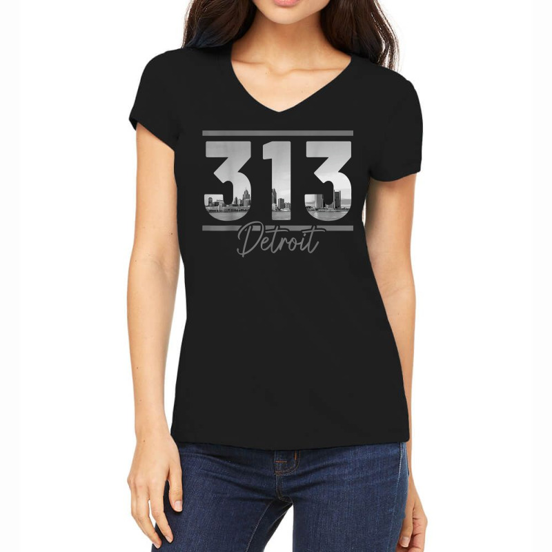 Detroit 313 Area Code Skyline Michigan Vintage T Shirt Women's V-Neck T-Shirt by cm-arts | Artistshot