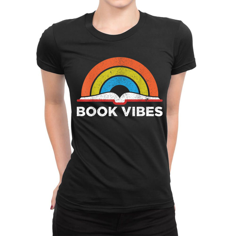 Vintage Retro Book Vibes Rainbow Gift For Reading Lovers Ladies Fitted T-Shirt by MelanieKathleen | Artistshot