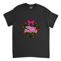 Green Red And Pink Wreath With Merry Christmas Text Overlay Classic T-shirt | Artistshot