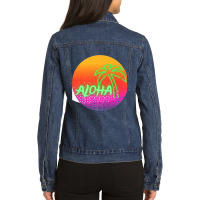 Aloha Hawaii Hawaiian Island Palm Beach Surfboard Sunset Premium Ladies Denim Jacket | Artistshot