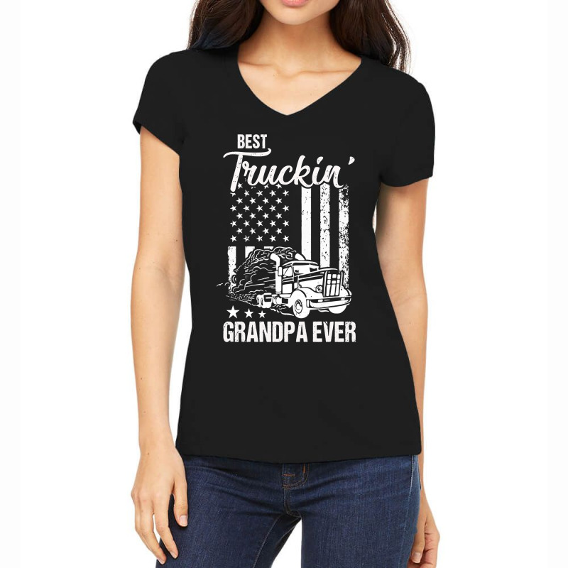 Father Grandpa Best Truckin Grandpa Ever S Day195 Family Dad Women's V-Neck T-Shirt by hopelessoon | Artistshot