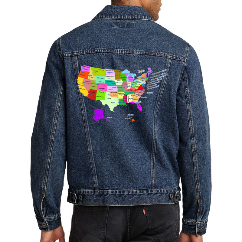 Usa Map With States And Capital Cities Men Denim Jacket by DarionMurray | Artistshot