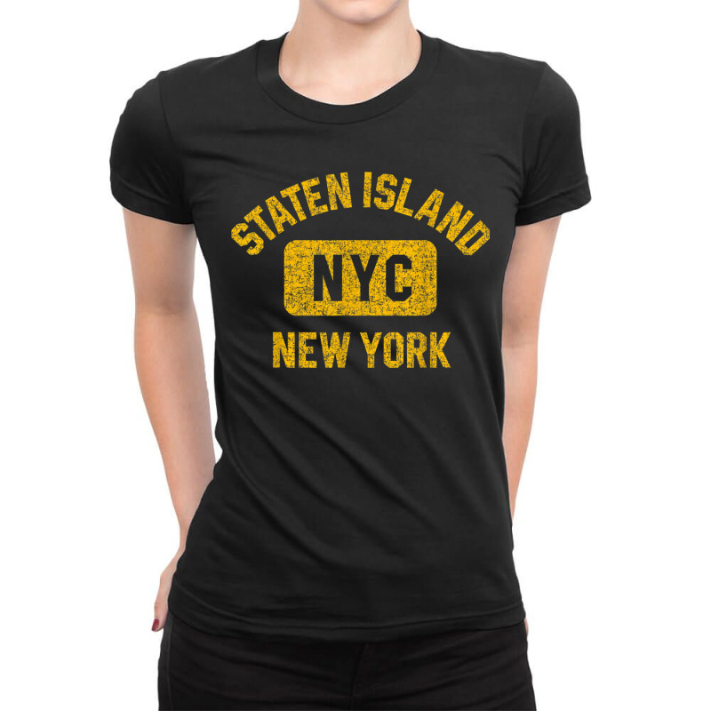 Staten Island Nyc Gym Style Distressed Amber Print Ladies Fitted T-Shirt by LilyWillis | Artistshot