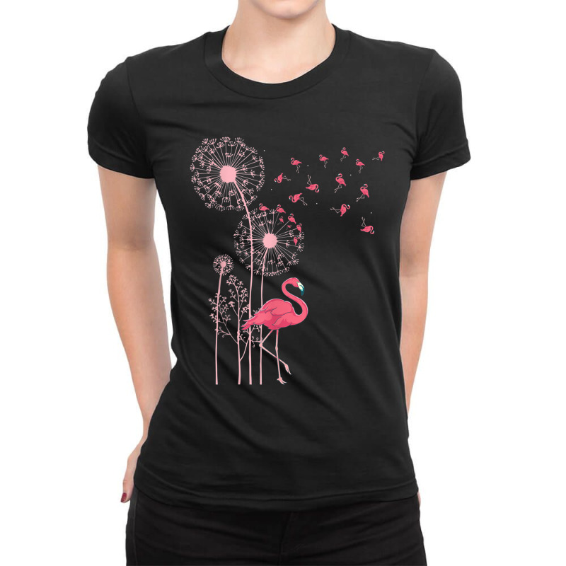 Flower Dandelion Exotic Animal Tropical Bird Pink Flamingo Ladies Fitted T-Shirt by MalcolmJCausby | Artistshot