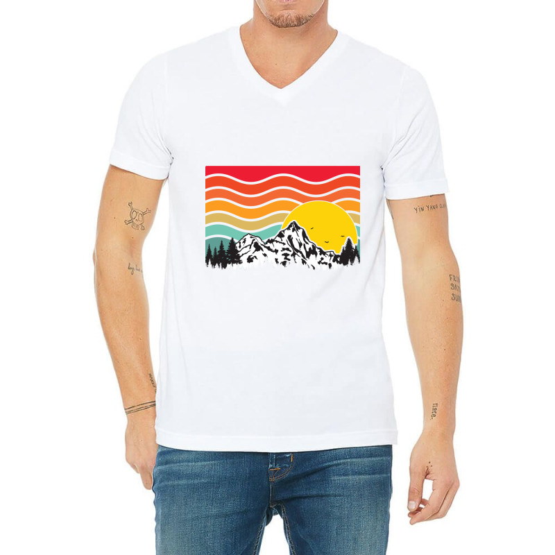 Wavy Retro Mountain Sunrise V-neck Tee | Artistshot