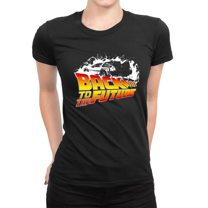 Back To The Future - Delorean White Stencil Fan Art Ladies Fitted T-Shirt by ElenaMCartasegna | Artistshot