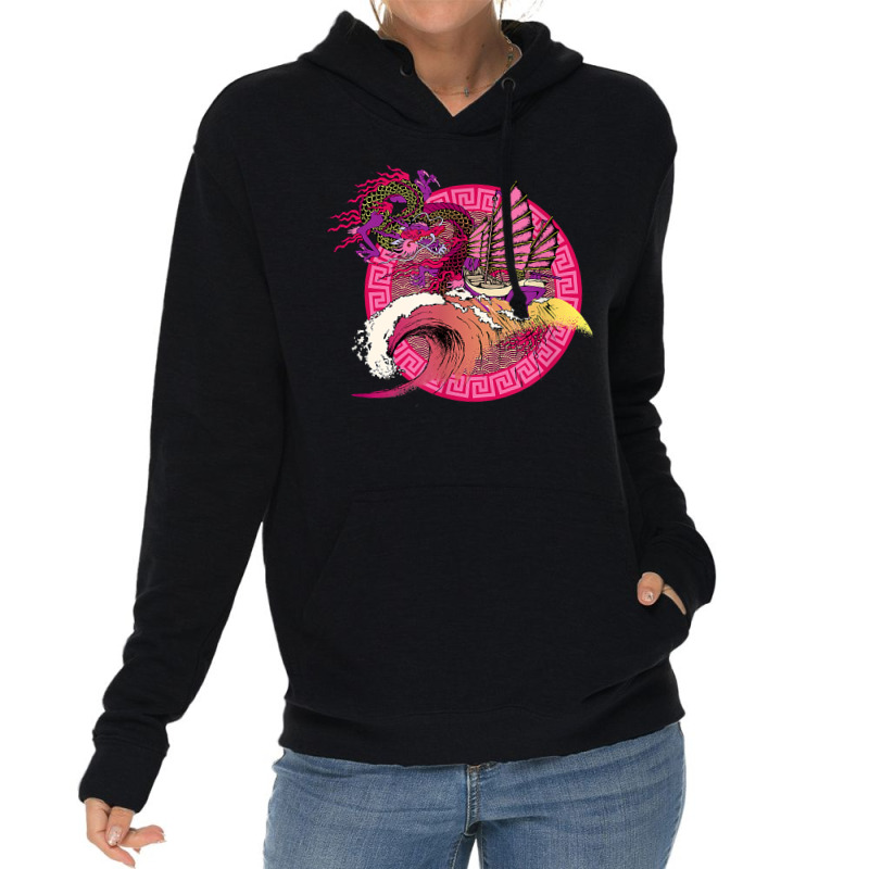 Fantasy Asian Japanese Oriental Dragon Riding Hokusai Wave T Shirt Lightweight Hoodie | Artistshot