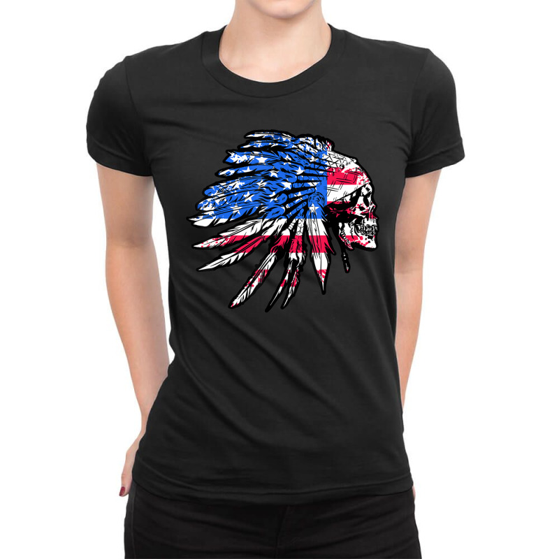 Native America Flag Usa Skull Indian Ladies Fitted T-Shirt by lykhongduong9enev3 | Artistshot