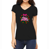 Green Red And Pink Wreath With Merry Christmas Text Overlay Women's V-neck T-shirt | Artistshot