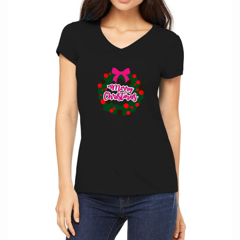 Green Red And Pink Wreath With Merry Christmas Text Overlay Women's V-Neck T-Shirt by TonyBanks | Artistshot