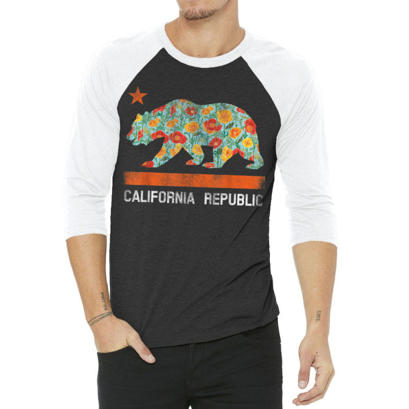 California Republic State Bear Star Poppy Flower La Cali Tee 3/4 Sleeve Shirt by KellieRennhack | Artistshot