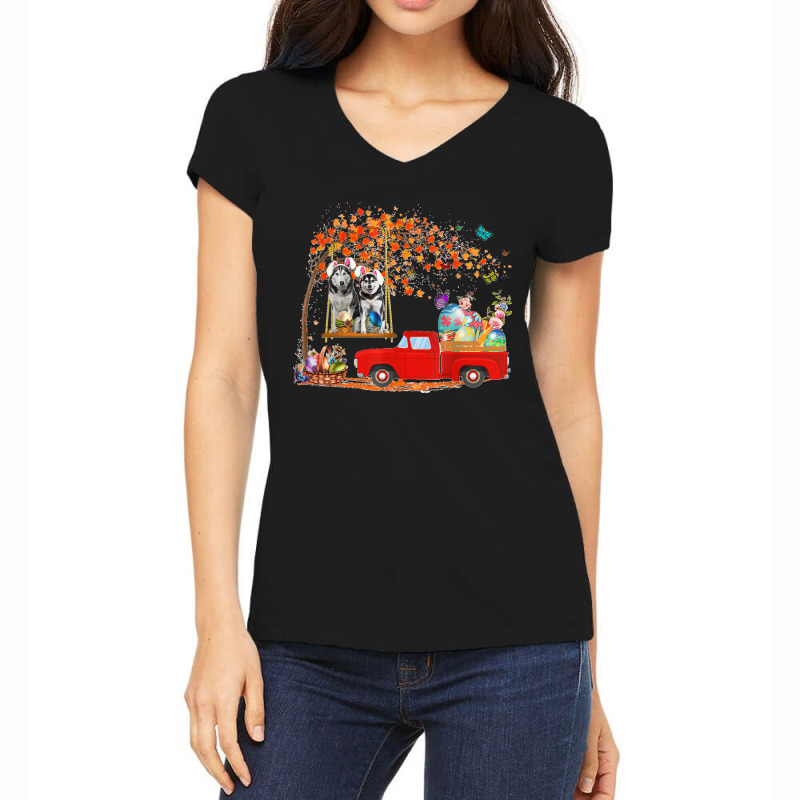 Husky Wearing Bunny Ear Red Truck With Eggs Women's V-Neck T-Shirt by JOSEPHDOMINICWILLIS | Artistshot