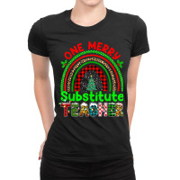 One Merry Substitute Teacher Rainbow Buffalo Plaid Xmas Tree T Shirt Ladies Fitted T-shirt | Artistshot