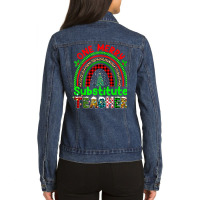 One Merry Substitute Teacher Rainbow Buffalo Plaid Xmas Tree T Shirt Ladies Denim Jacket | Artistshot