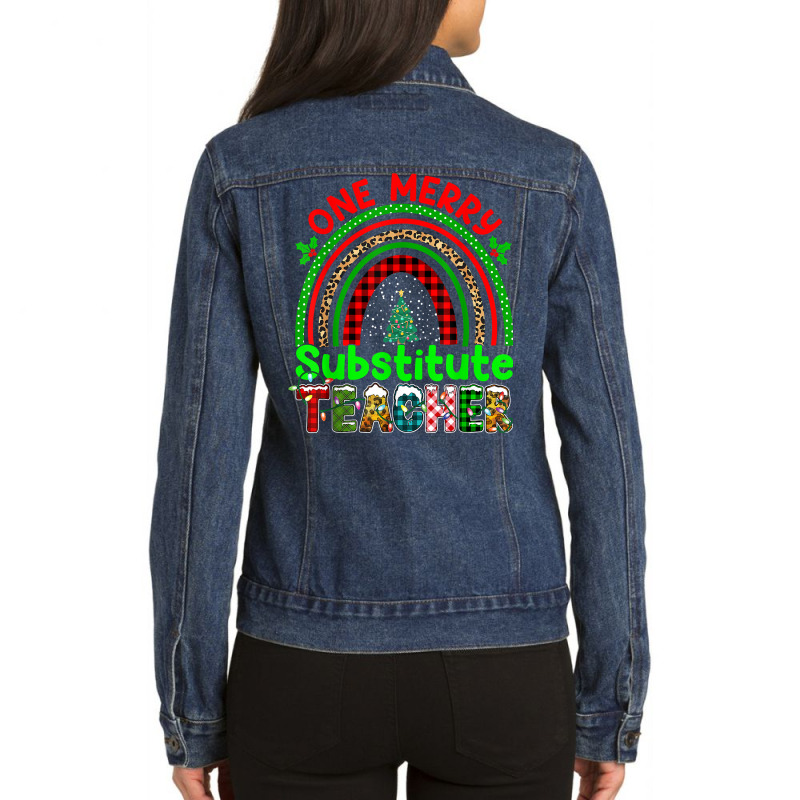 One Merry Substitute Teacher Rainbow Buffalo Plaid Xmas Tree T Shirt Ladies Denim Jacket by anitrasargisg5b | Artistshot