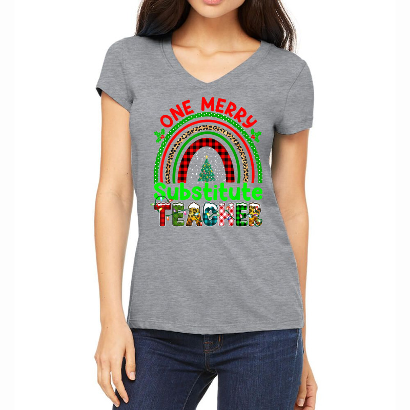 One Merry Substitute Teacher Rainbow Buffalo Plaid Xmas Tree T Shirt Women's V-Neck T-Shirt by anitrasargisg5b | Artistshot