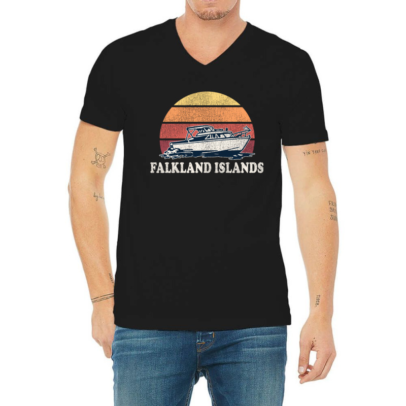 Falkland Islands Vintage Boating 70s Retro Boat Design Long Sleeve V-Neck Tee by WarrenERand | Artistshot