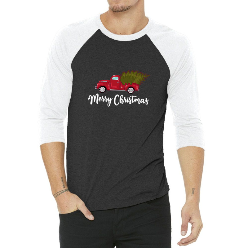 Merry Christmas - Chrismas Vintage Red Truck With A Tree Wagon 3/4 Sleeve Shirt by TonyBanks | Artistshot