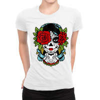 Catrina Sugar Skull Calavera Mexican Rose Eye   Art On Back Raglan Bas Ladies Fitted T-shirt | Artistshot