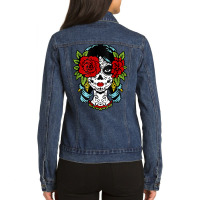 Catrina Sugar Skull Calavera Mexican Rose Eye   Art On Back Raglan Bas Ladies Denim Jacket | Artistshot