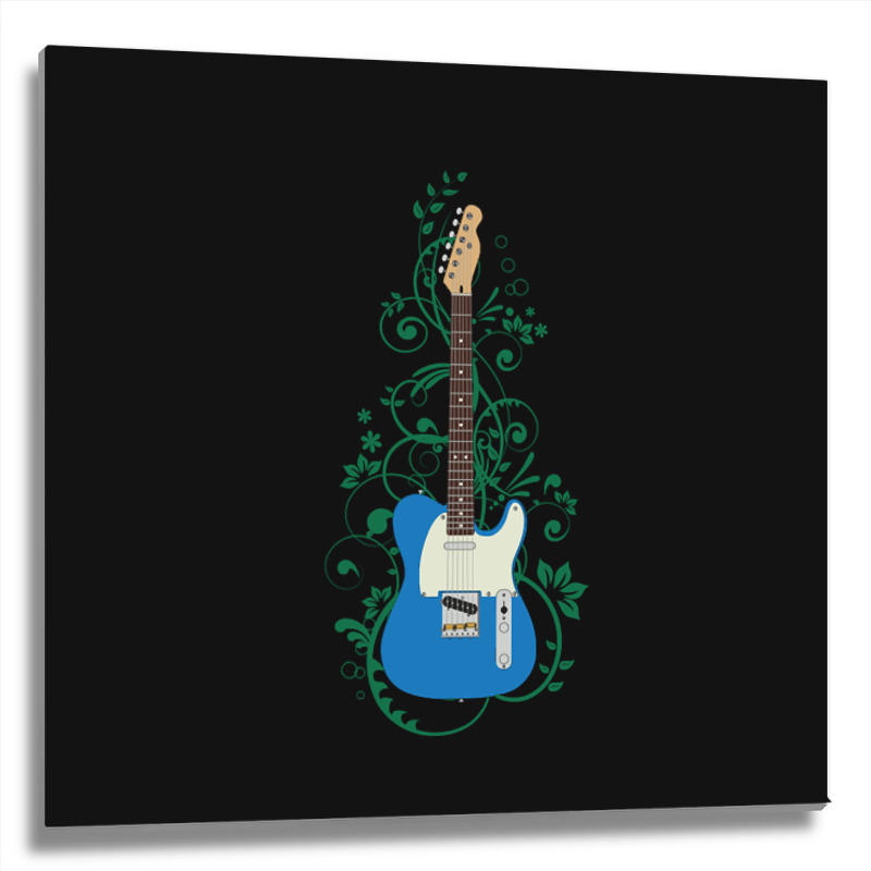 Blue T-style Electric Guitar Flowering Vines Metal Print Square | Artistshot