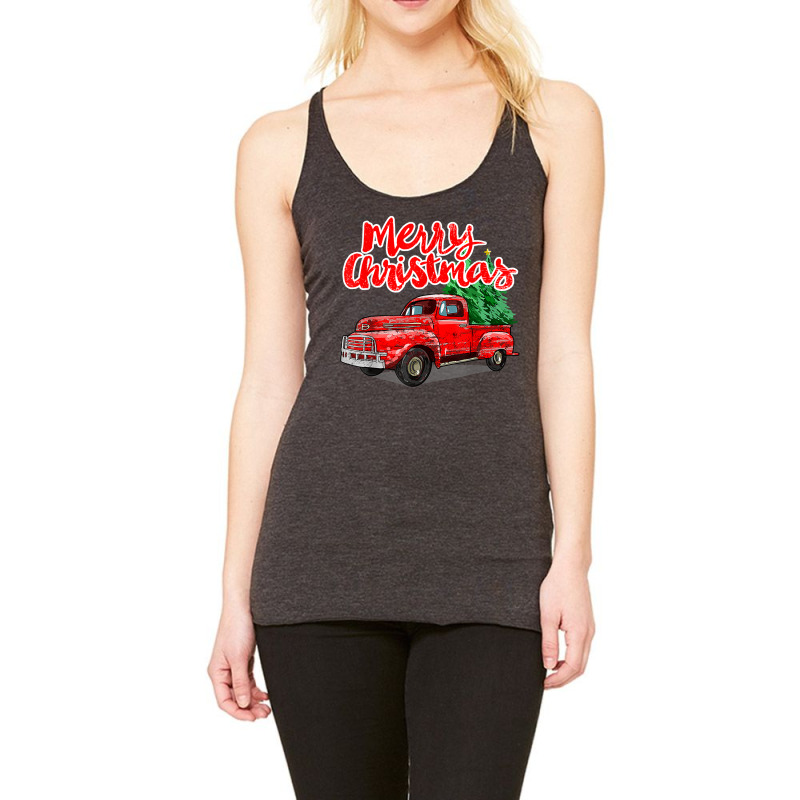 Funny Vintage Merry Christmas Tree Red Wagon Truck Outfit T Shirt Racerback Tank by lexzalar2o | Artistshot