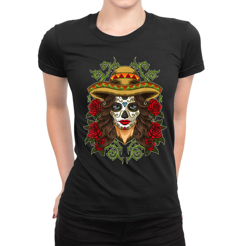 La Calavera Catrina   Santa Muerte   Sugar Skull T Shirt Ladies Fitted T-Shirt by tamkyfashions | Artistshot