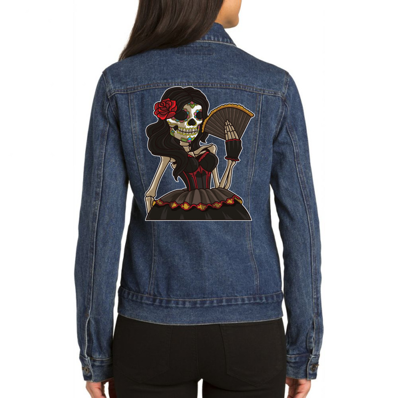 Skeleton Lady Of The Dead   La Calavera Catrina Santa Muerte Long Slee Ladies Denim Jacket by emaliekrein | Artistshot