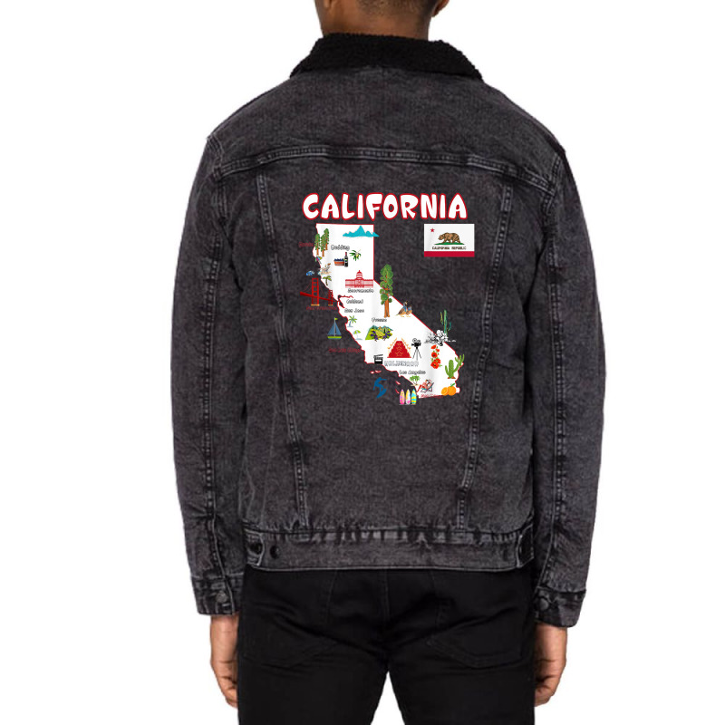 Map Of California Landmarks, Major Cities, Flag Unisex Sherpa-lined Denim Jacket | Artistshot