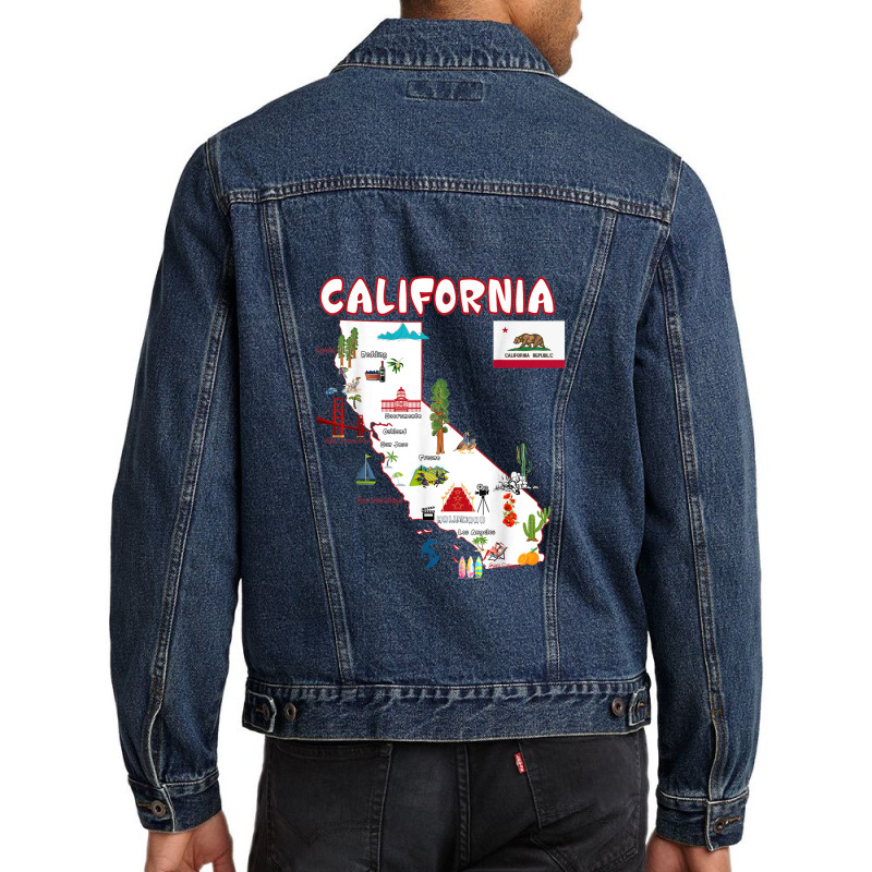 Map Of California Landmarks, Major Cities, Flag Men Denim Jacket | Artistshot