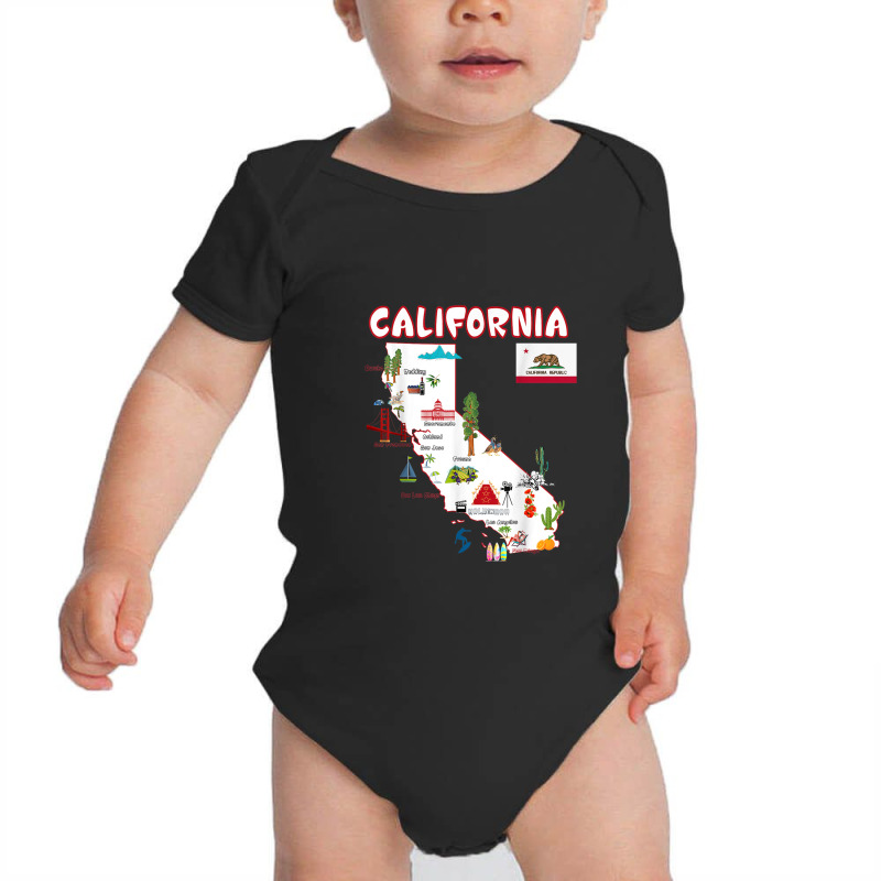 Map Of California Landmarks, Major Cities, Flag Baby Bodysuit | Artistshot