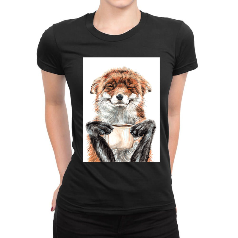 Morning Fox Cute Coffee Animal Ladies Fitted T-Shirt by DARRELLWAYNEWELLS | Artistshot