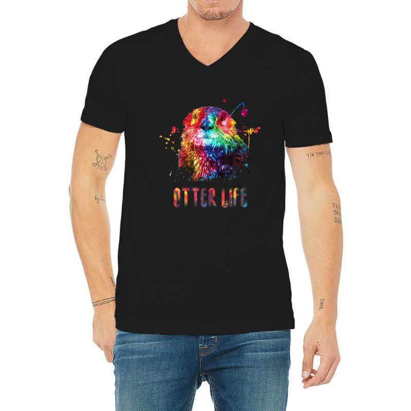 Sea Otter Life Rainbow Watercolor Bright Splatter Shirt V-neck Tee | Artistshot