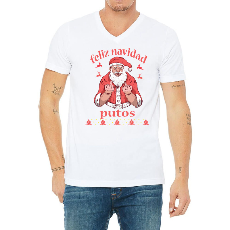 Santa Claus Middle Finger Feliz Navidad Putos Ugly Christmas Long Slee V-neck Tee | Artistshot