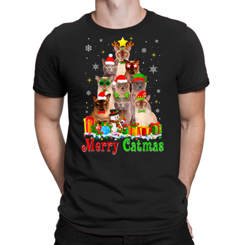 Merry Catmas Cute Burmese Cat Christmas Tree Xmas Lights T Shirt T-shirt | Artistshot