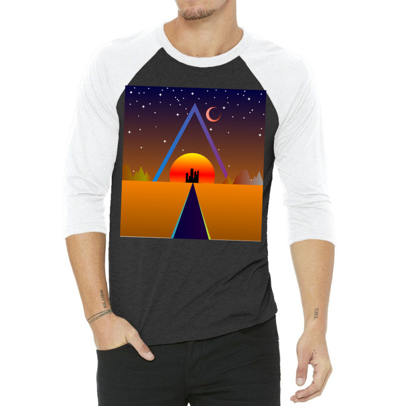 Retro Sunset, Triangle And Moon, Retro Landscape 3/4 Sleeve Shirt | Artistshot