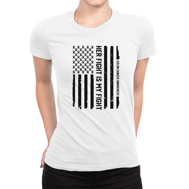 Her Fight American Flag Colorectal Bowel Colon Cancer Awareness Ladies Fitted T-Shirt by saepuloh | Artistshot