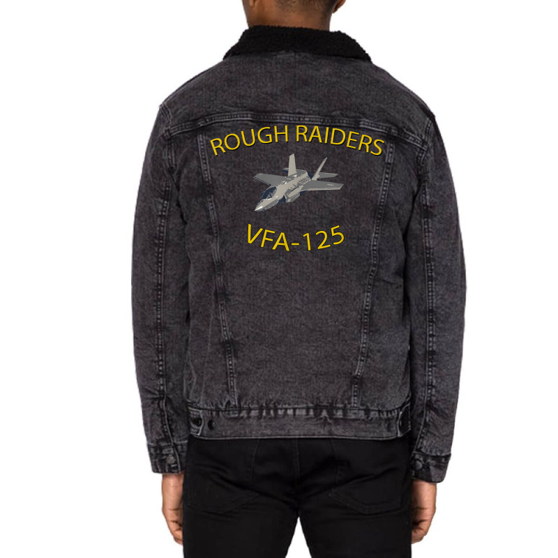 Vfa125 Rough Raiders Strike Fighter Squadron F35 Lightning Unisex Sherpa-Lined Denim Jacket by CrystalWanda | Artistshot