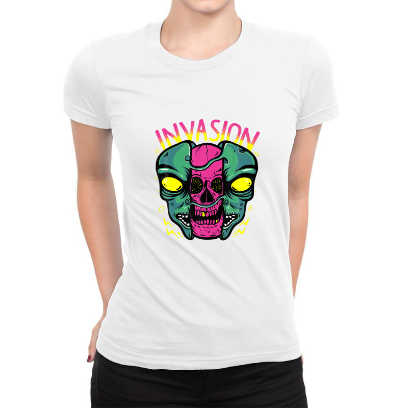 Cool Space Aliens Invasion Illustration Graphic Designs Art Ladies Fitted T-Shirt by shareqimbrow | Artistshot