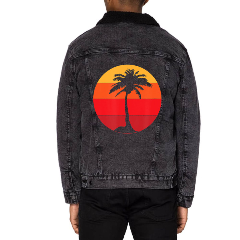 Pacific Ocean Beach Palm Tree Sun Retro Vintage Unisex Sherpa-Lined Denim Jacket by yumgaugeteuda | Artistshot