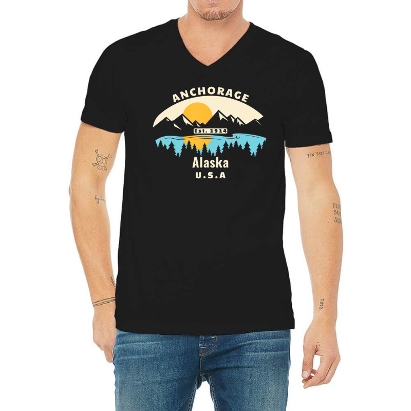 Anchorage Alaska Souvenir Mountain Sunset River V-Neck Tee by Min09 | Artistshot