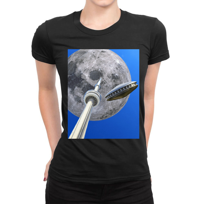 Toronto Cn Tower Under A Full Moon With Flying Saucer Ladies Fitted T-Shirt by ekukaevelsy | Artistshot