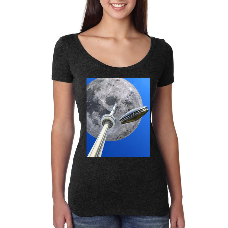 Toronto Cn Tower Under A Full Moon With Flying Saucer Women's Triblend Scoop T-shirt by ekukaevelsy | Artistshot