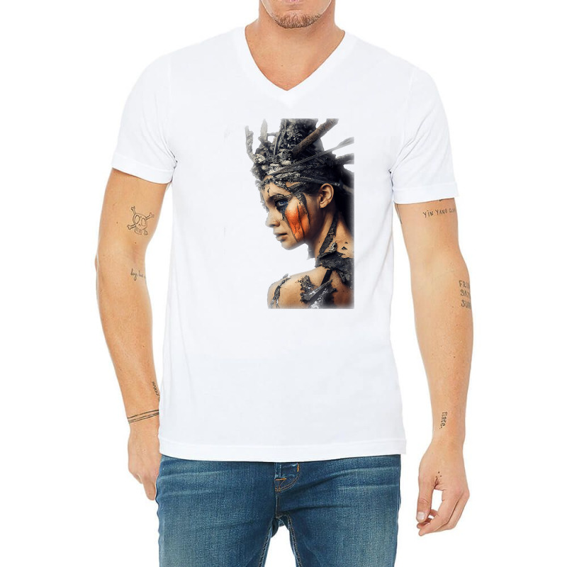 Beautiful Woman Warrior Wearing Damaged Scales A Battle T Shirt V-neck Tee | Artistshot