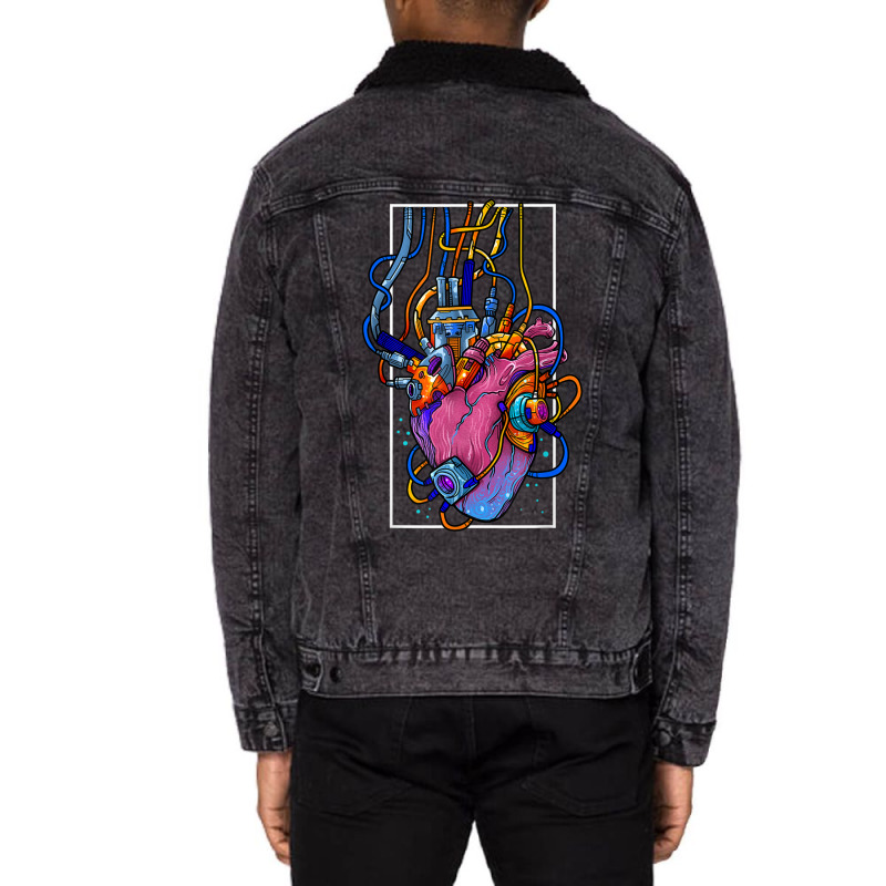 Cyborg Robot Heart Vaporwave Futuristic Cyberpunk Clothing Unisex Sherpa-Lined Denim Jacket by AmandaGLeir | Artistshot